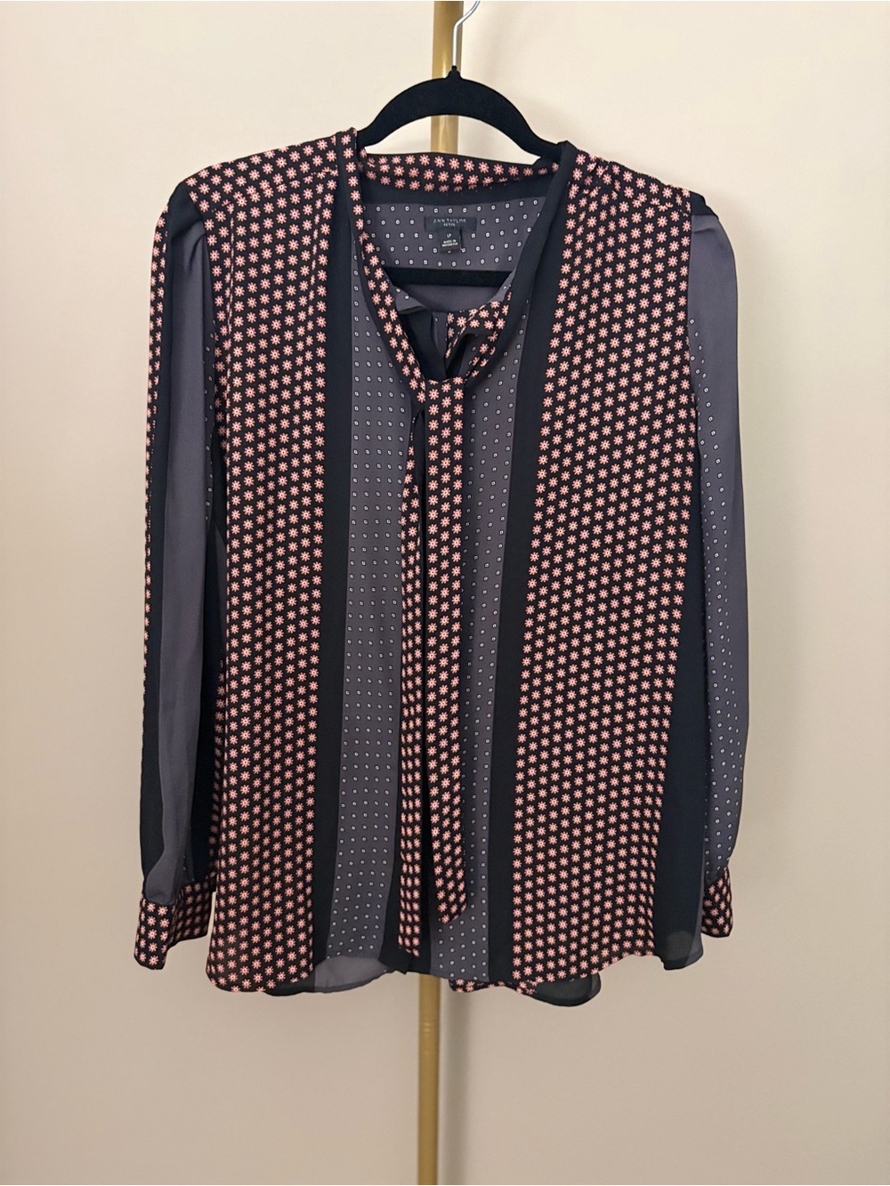 Ann Taylor Tie-Neck Mixed Dot Stripe Blouse in Black and Pink